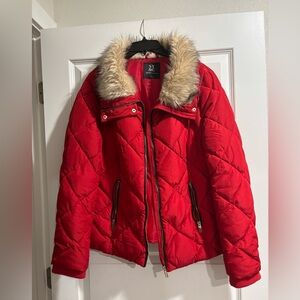 New York & Company Vibrant Red Puffer Jacket with Faux Fur Trim